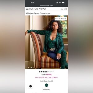 NWOT Boston Proper Emerald Sequin Blazer and Tank Top Matching Set XS